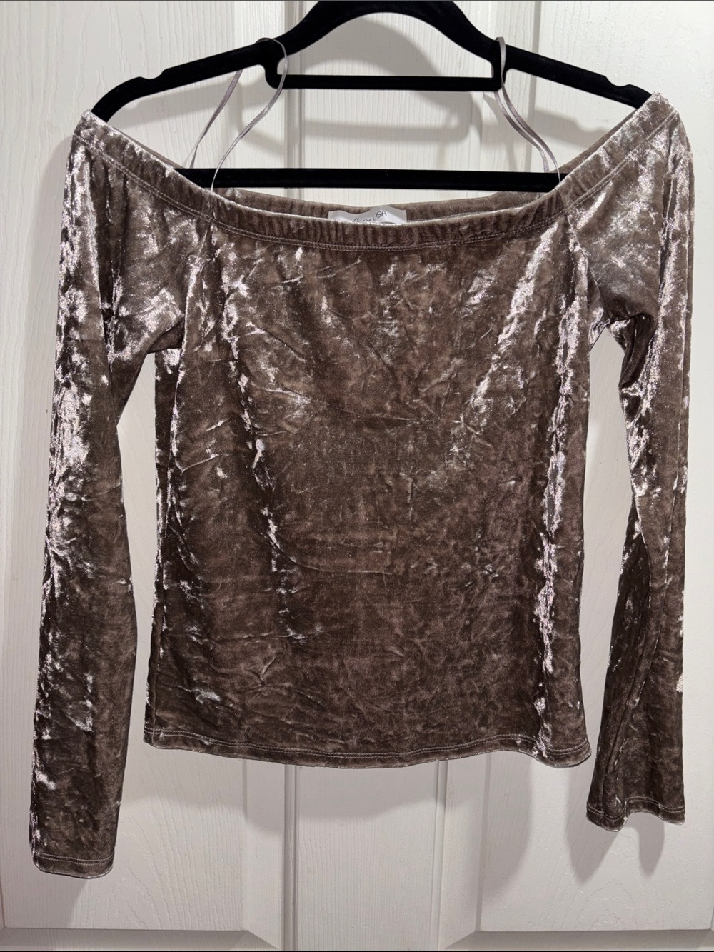 Active USA Off-Shoulder Velvet Long Sleeve Top - Taupe